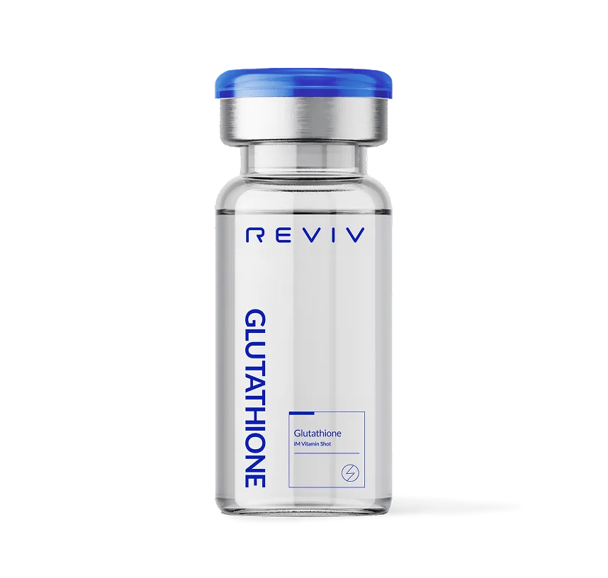 REVIV Glutathione IM Vitamin Shot bottle for antioxidant support, detoxification, and glowing skin at MyBest Clinic Toronto and London